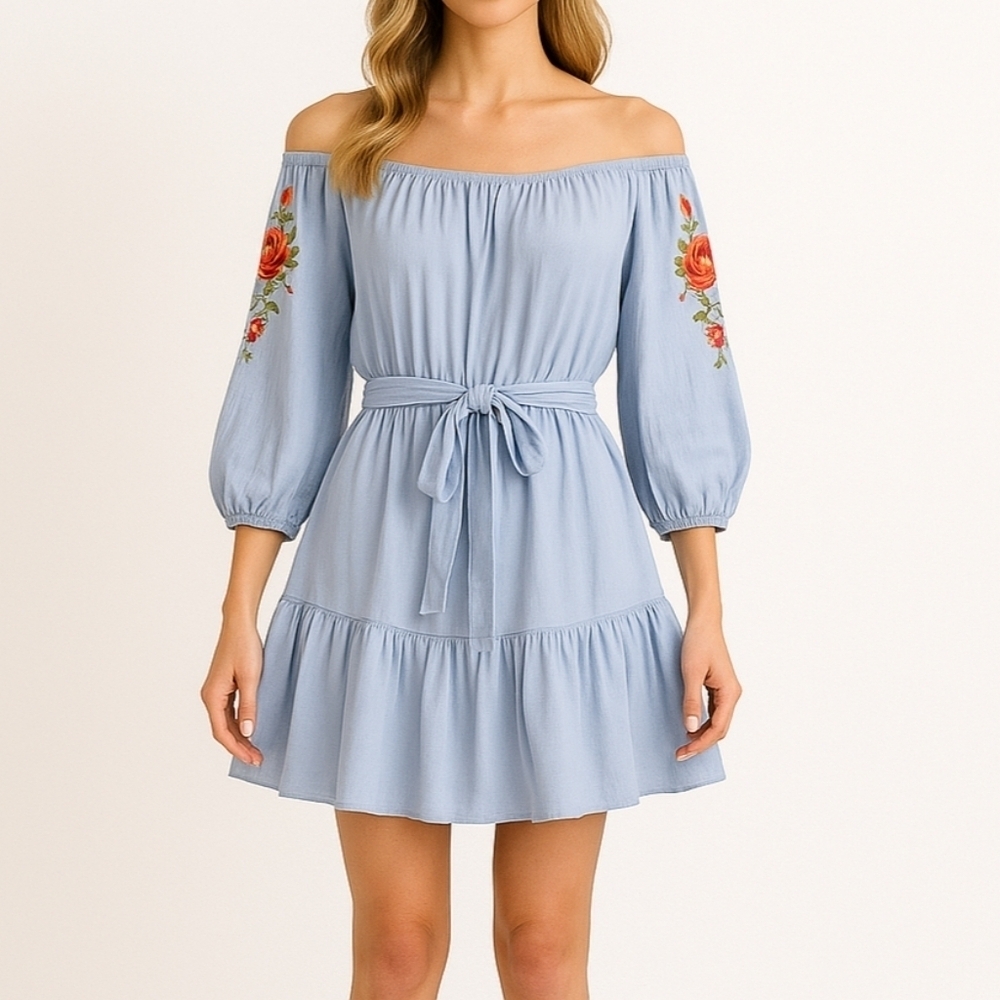 💙 Feathers Dress With Emroidery - 100% Rayon